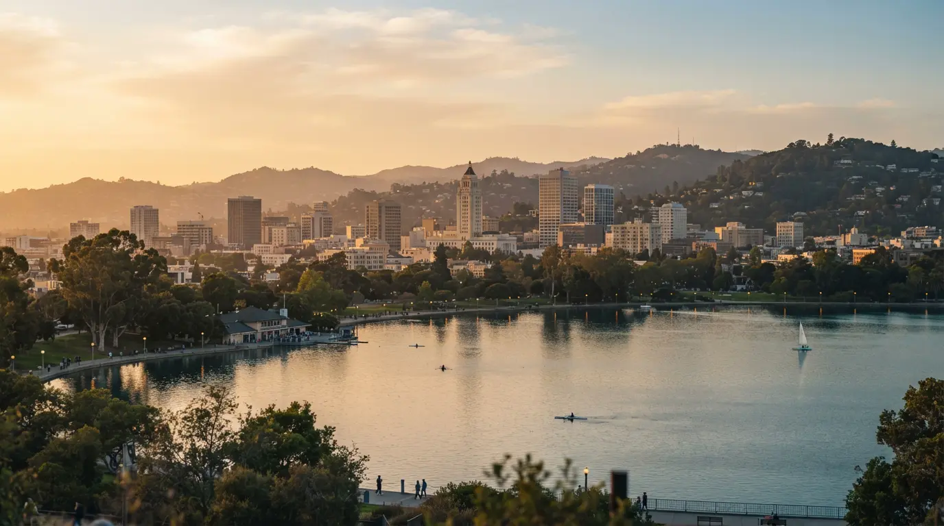 Oakland, California skyline and Lake Merritt at golden hour