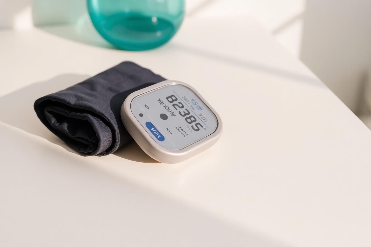 A modern home blood pressure cuff on a warm-white surface — easy at-home monitoring