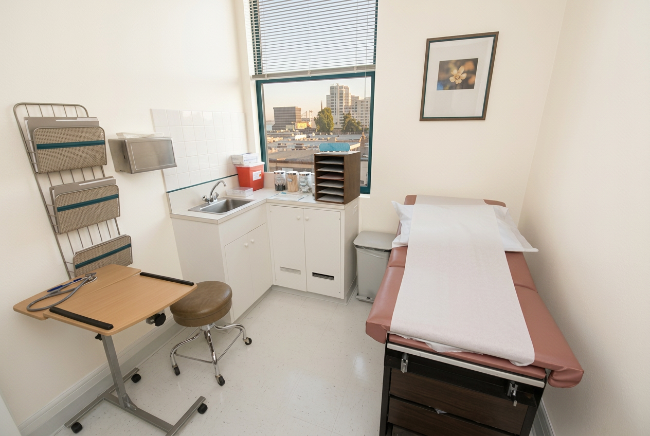 A bright exam room with a view of downtown Oakland