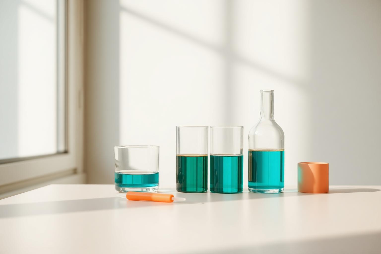 Minimal lab glassware on a warm-white surface — calm, editorial still life